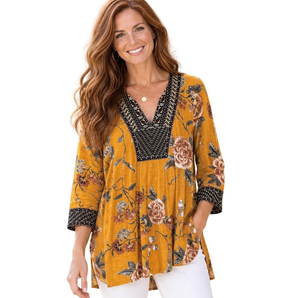 Soft Surroundings Etana Tunic Womens Medium Mustard Floral Embroidered Top